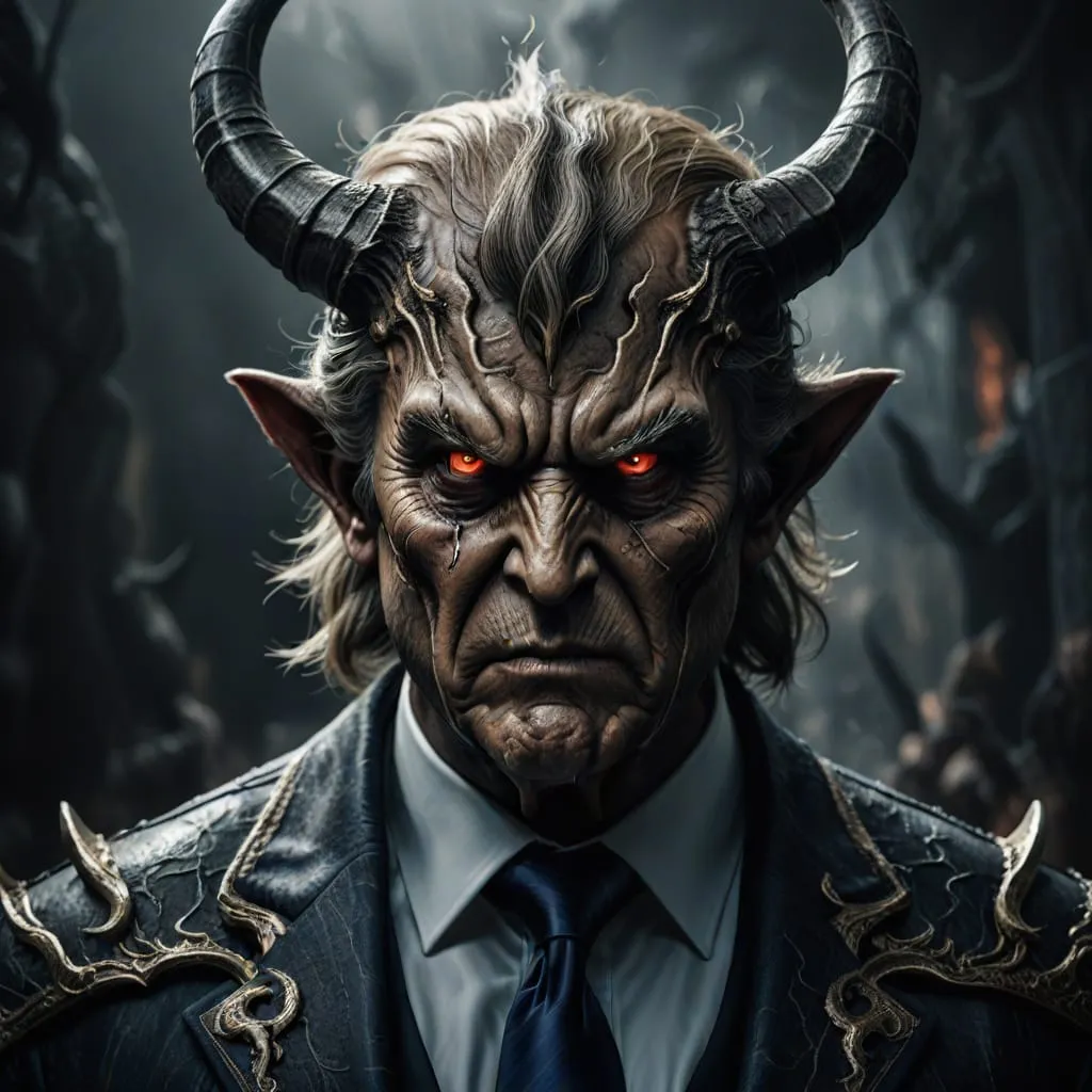 donald trump as a daemon with horns and a tail