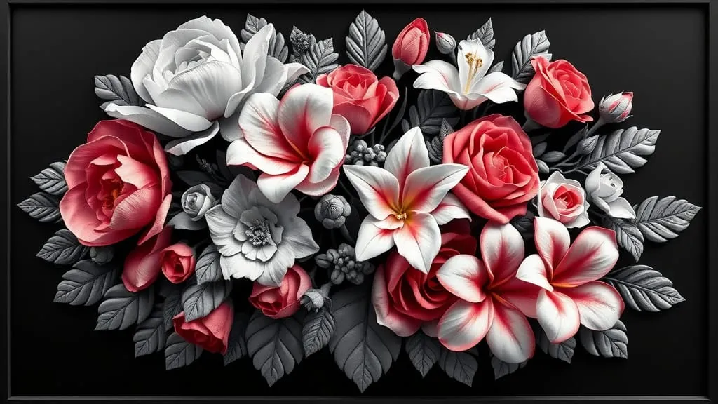 draw high contrast 3d grayscale relief of an intricately detailed bouquet of flowers featuring the r