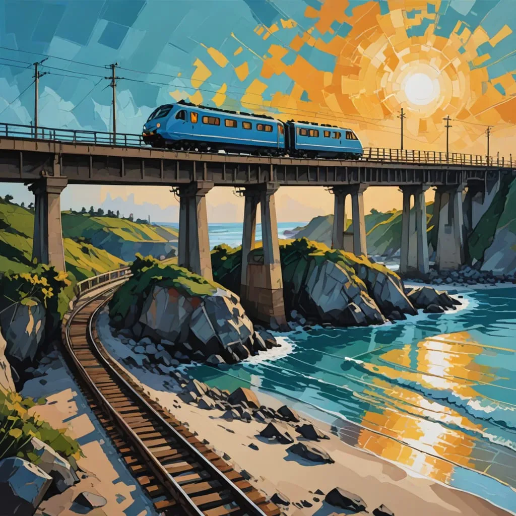 electrical train above bridge the beach