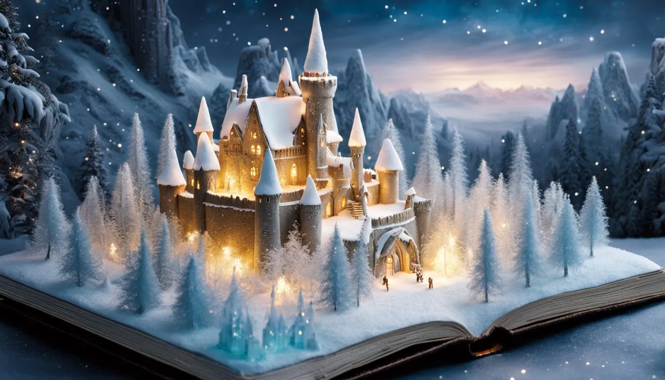 enchanted winter wonderland rising from antique book a breathtaking photorealistic miniature world o