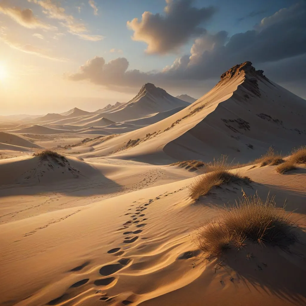 expansive desert with towering sand dunes complex contrast hdr sharp soft cinematic volumetric light