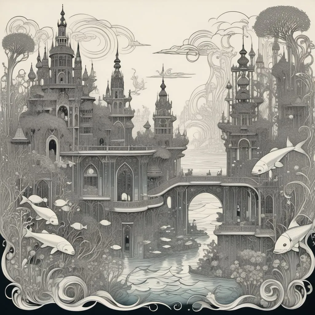 fantastical and intricate illustration of a mythical underwater city in the ornate art nouveau style