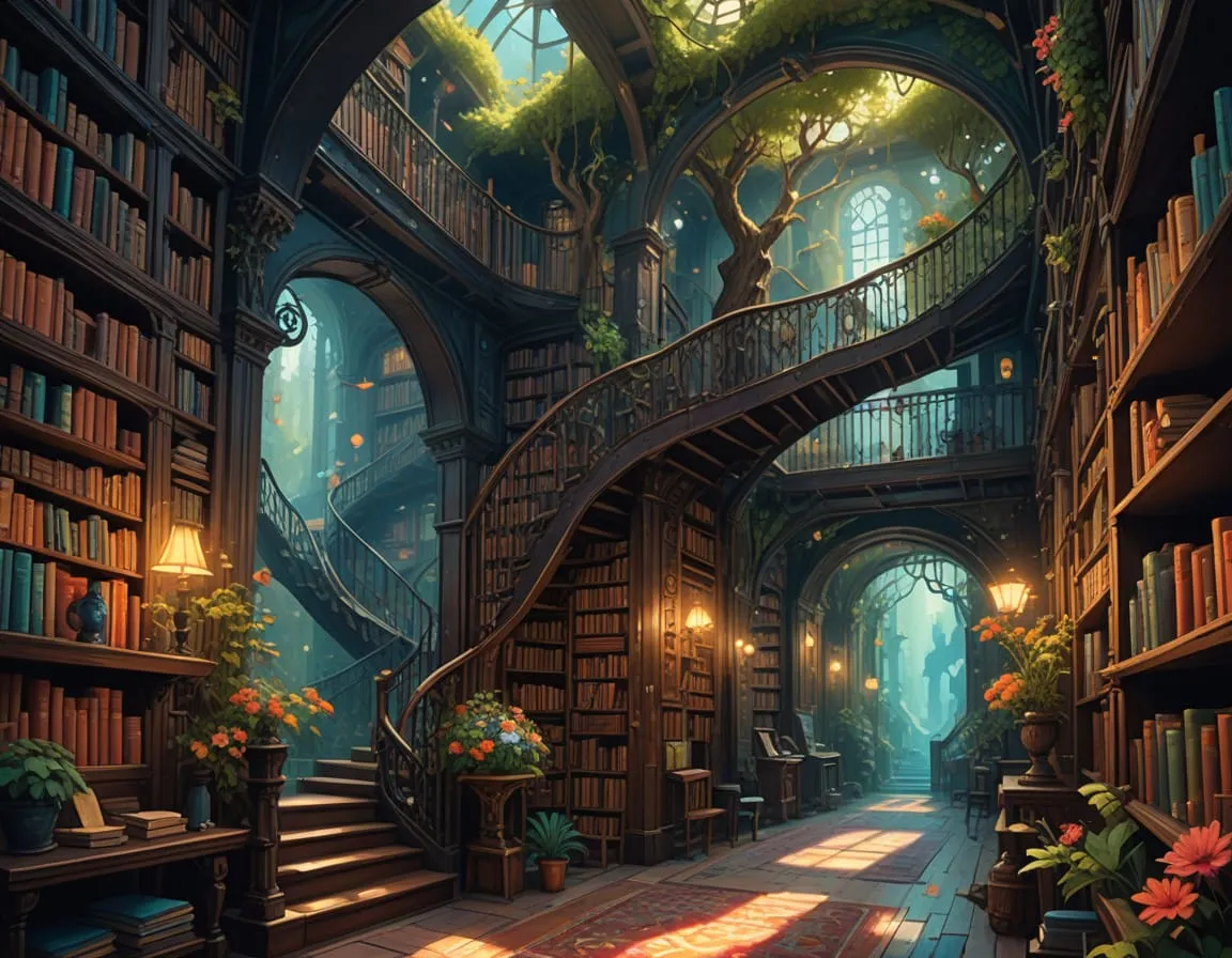 fantastical library scene inspired by the works of hayao miyazaki