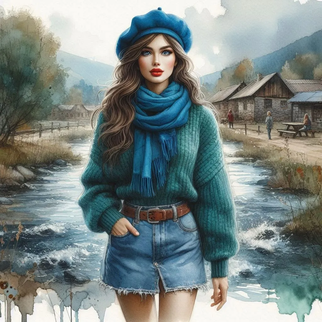 full body view blue and green wool sweater matching scarf and hat very realistic illustration beauti