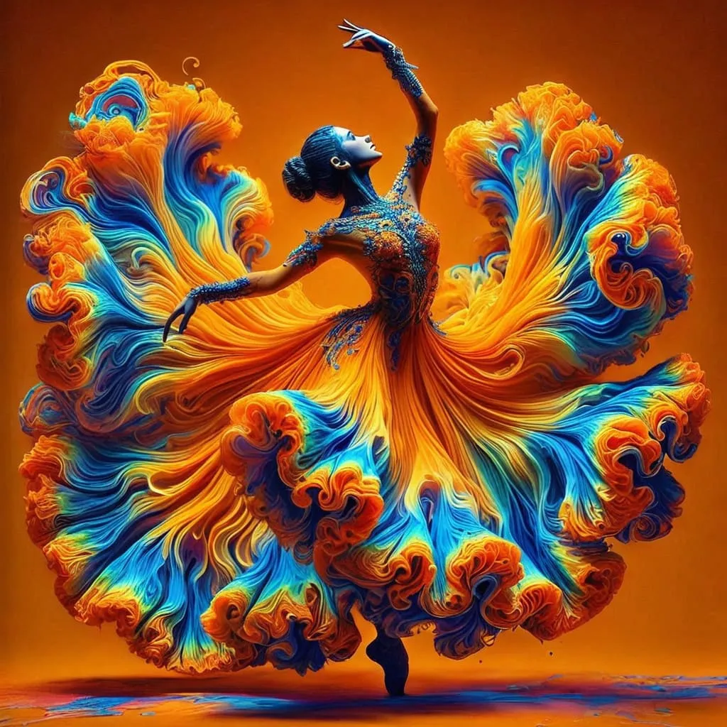 graceful dancer in an orange and blue dress