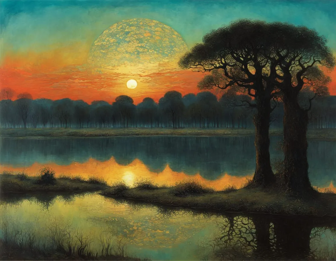 landscape with lake and old oak trees at dusk by zdzislaw beksinski john piper james r eads and paul