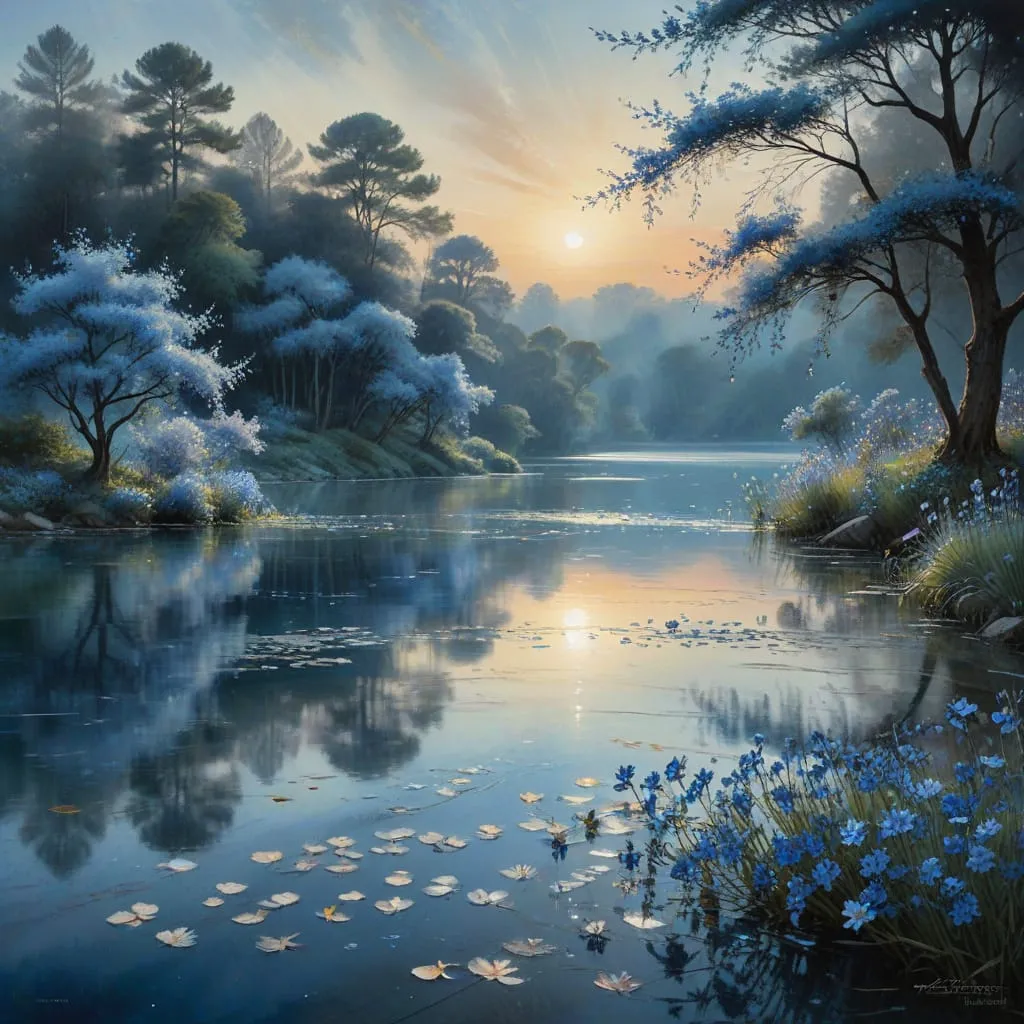 watercolor painting of a calm blue lake surrounded by pale blue wisteria trees there are also lilies