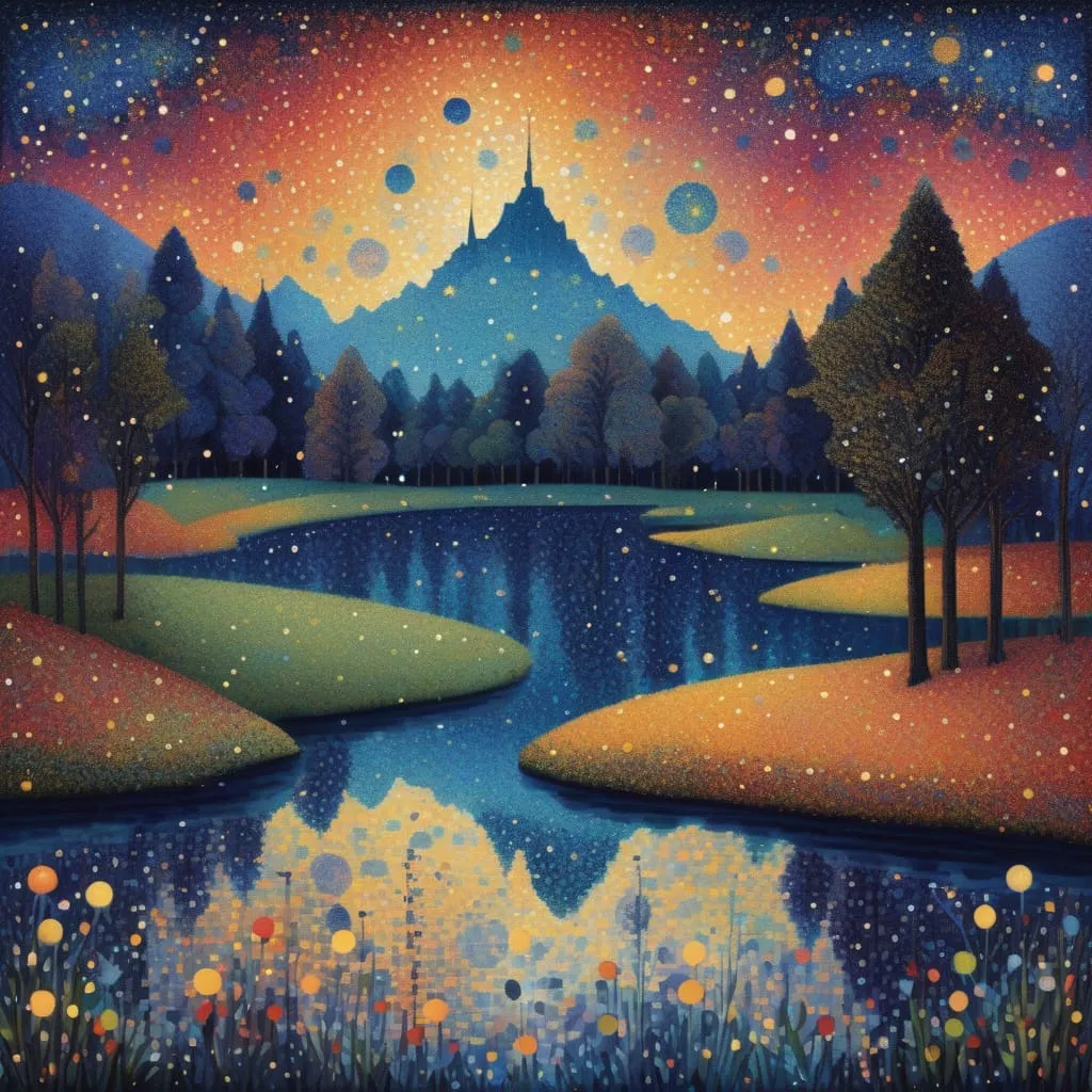 whimsical pointillist landscape of a fantastical starry night sky tiny dots and shimmering lights a 