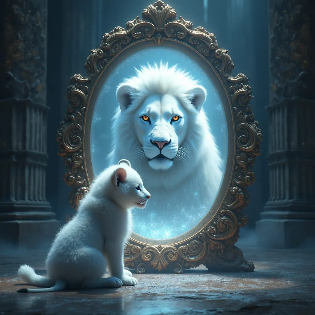 white lion cub looking at a mirror and a magical white lion looking through the mirror at it