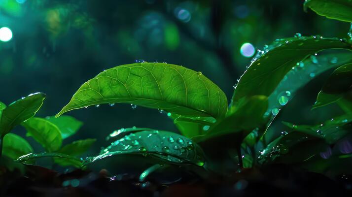 close up of vibrant green leaves glistening with water droplets in a lush dark forest setting photo