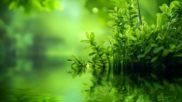 lush green nature with vibrant foliage and calm water reflection showcasing environmental conservation and sustainability free photo