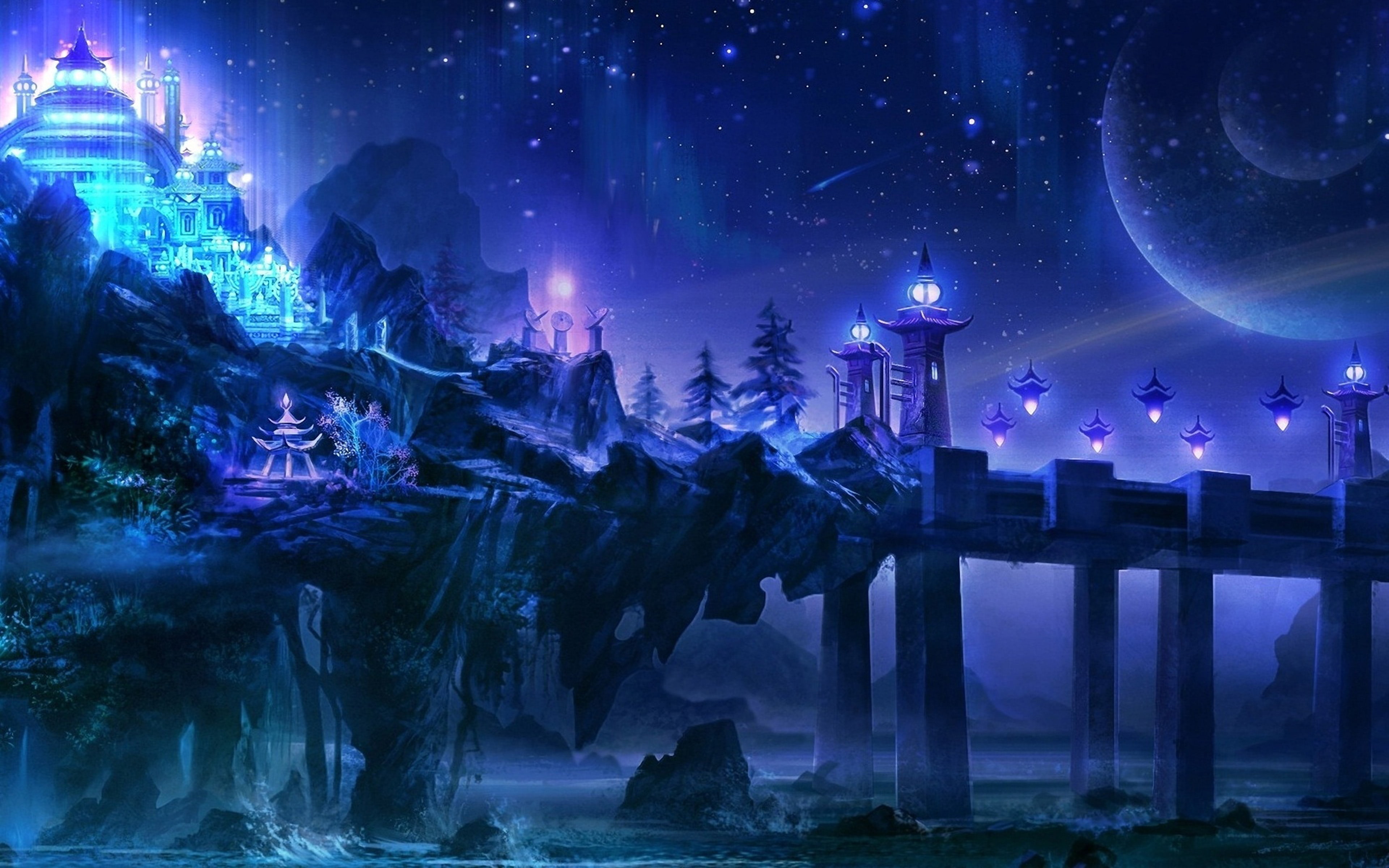 view in the future fantasy city art pictures night temple lights bridge rock stones 4k ultra hd wallpaper for desktop laptop tablet mobile phones and tv 3840×2400