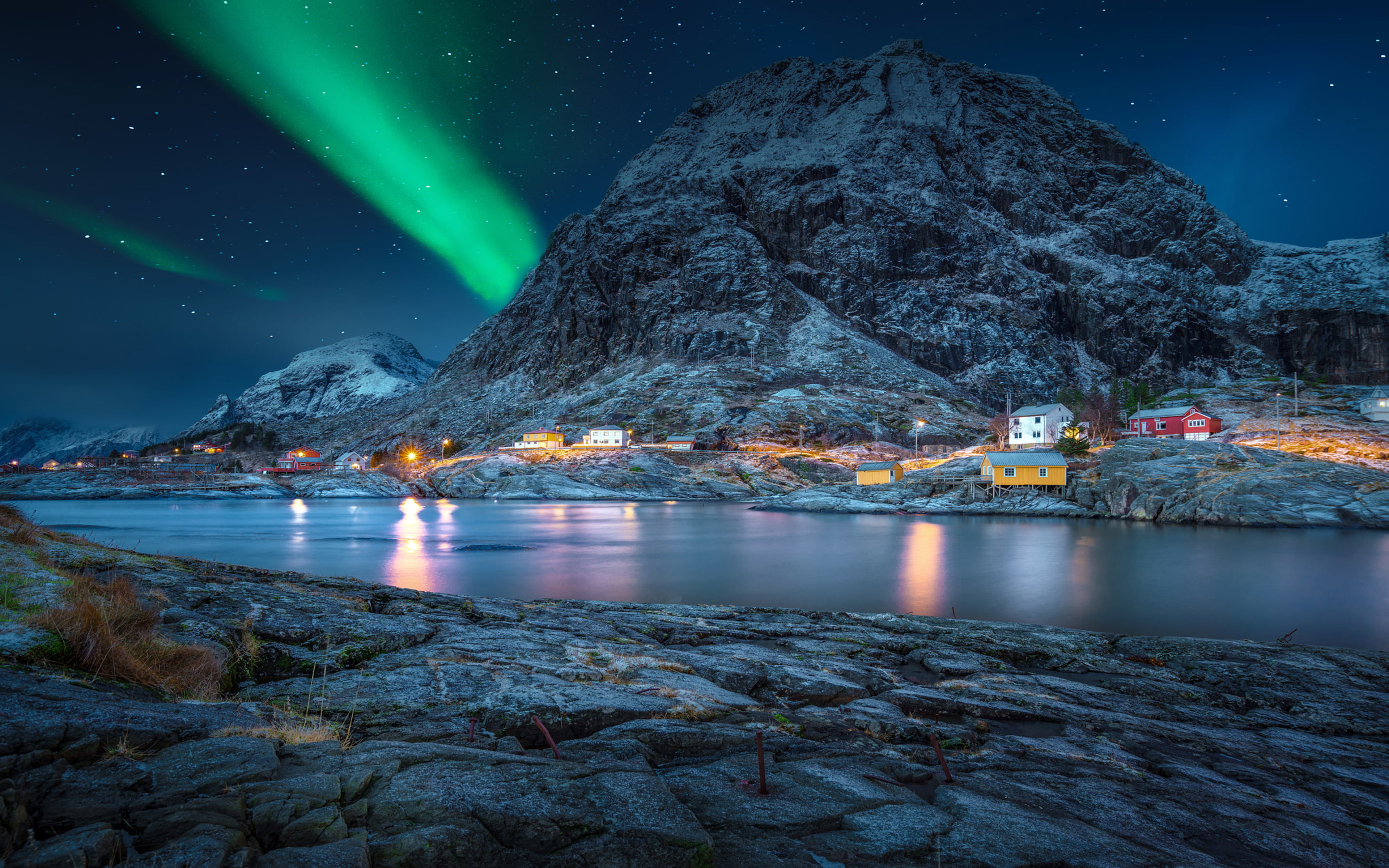 lofoten norway polar night green light star sky night landscape desktop hd wallpaper for mobile phones tablet and pc 3840×2400 wallpaper