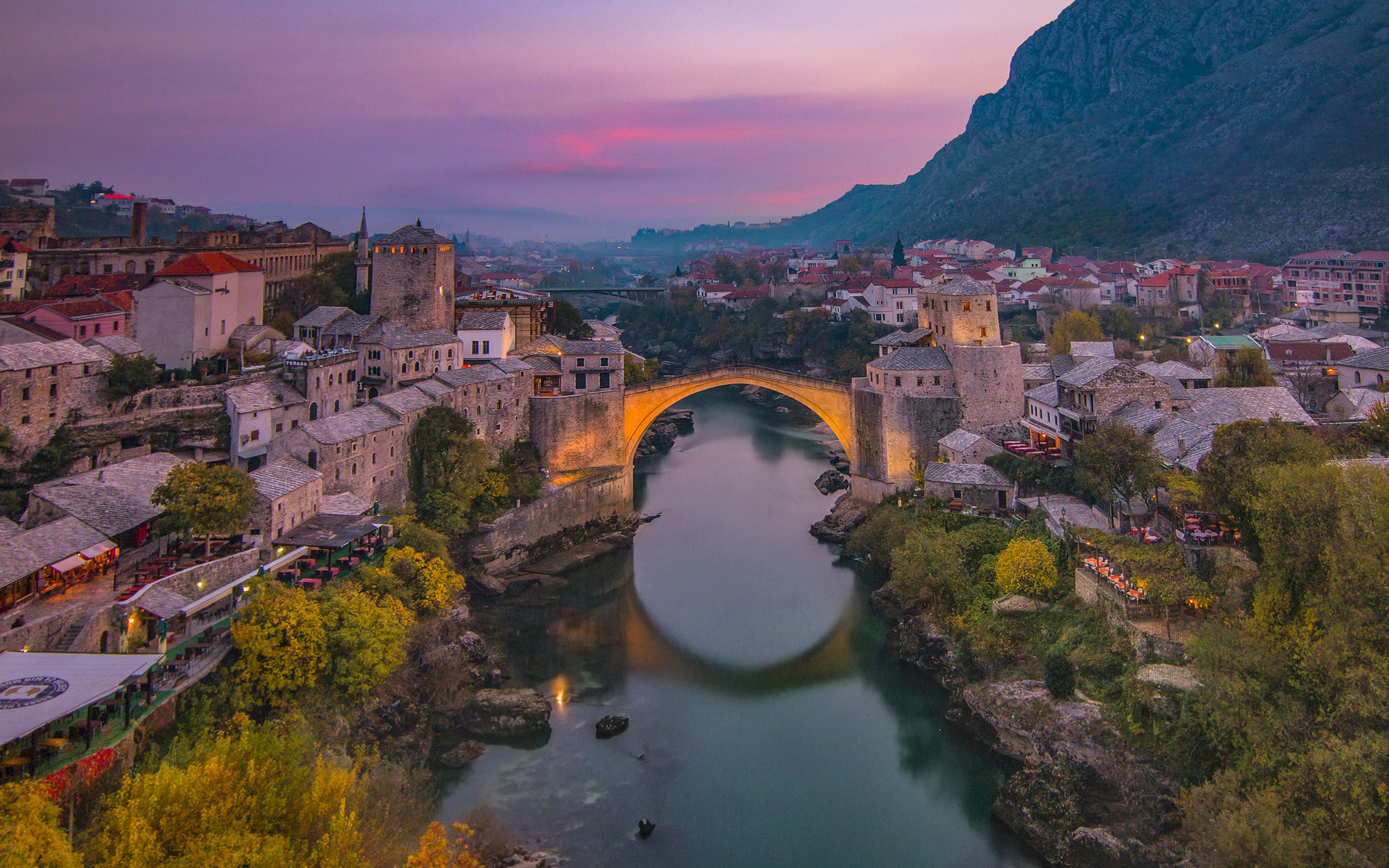 old bridge and the city of mostar bosnia herzegovina twilight twilight 4k ultra hd tv wallpaper for desktop laptop tablet and mobile phones 3840×2400