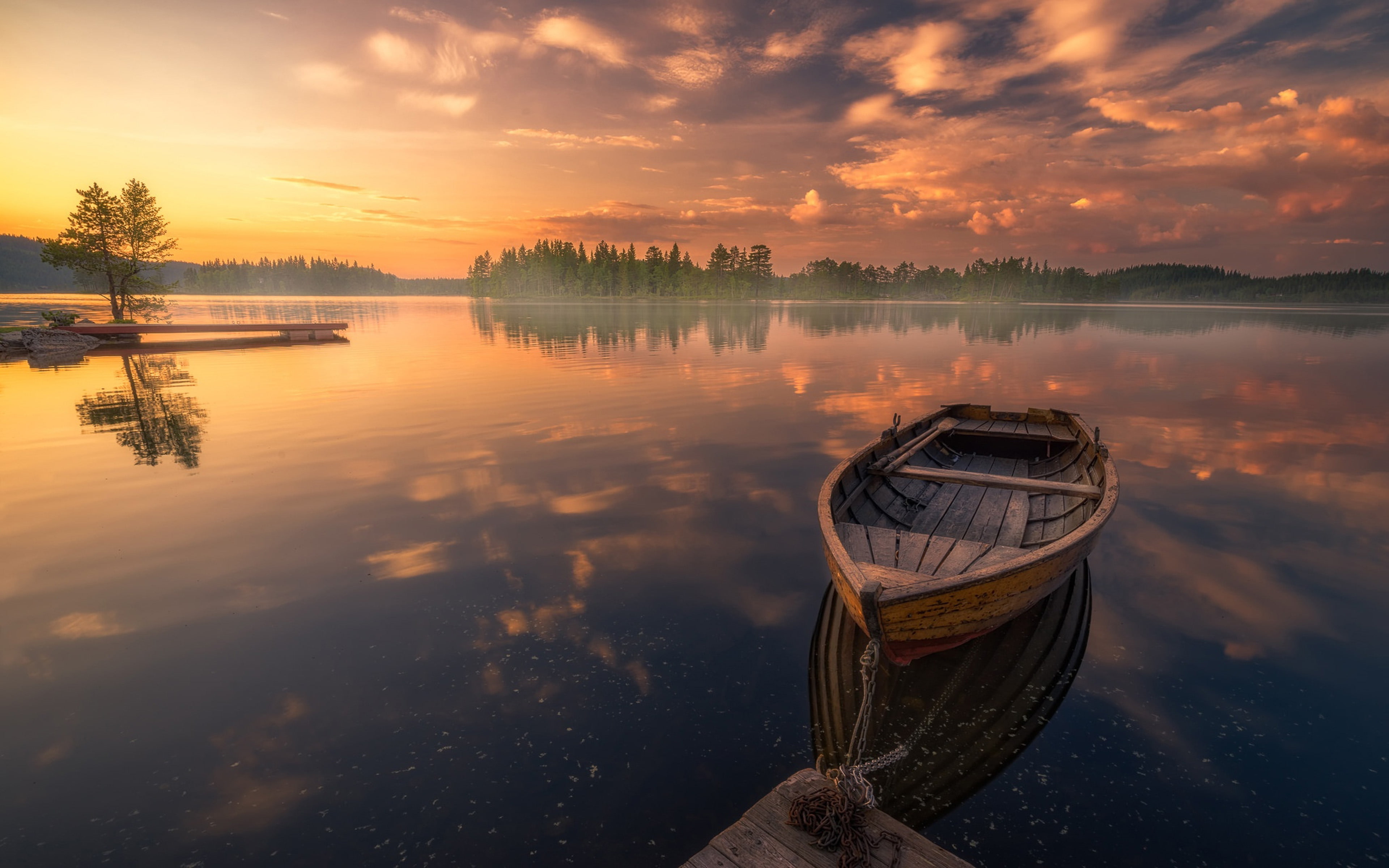 sunset reflection boat in peaceful lake lake ringerike norway landscape photos desktop hd wallpaper for mobile phones tablet and pc 3840×2400 wallpaper