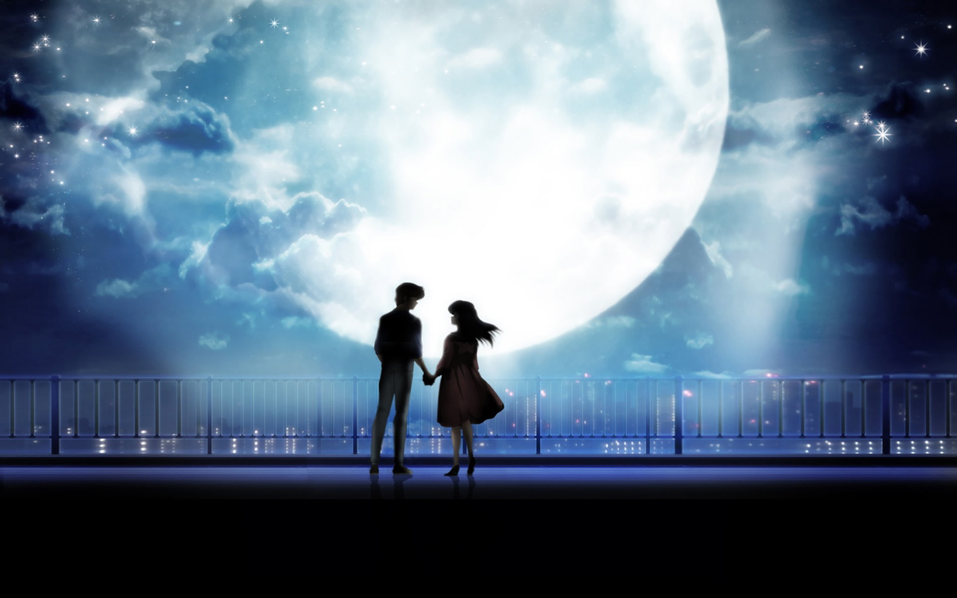 anime art anime couple holding hands moonlight desktop wallpaper