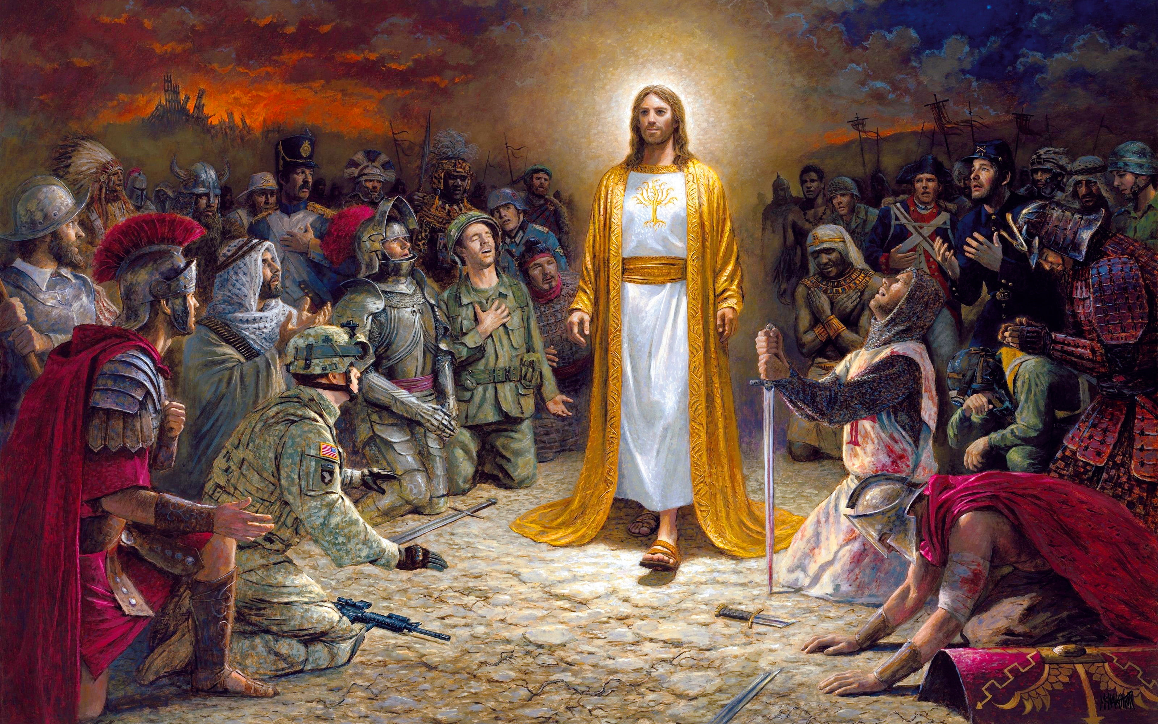 Jesus Christ soldiers praying before the lord for the sins committed 4K HD Wallpaper