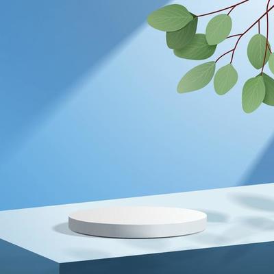 abstract minimal scene with geometric forms cylinder podium in blue background with leaves product presentation mock up show cosmetic product podium stage pedestal or platform
