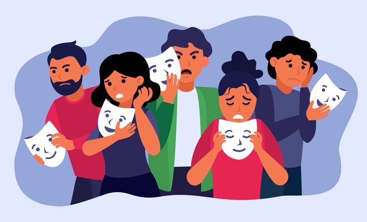 Depressed people holding face masks hiding emotions