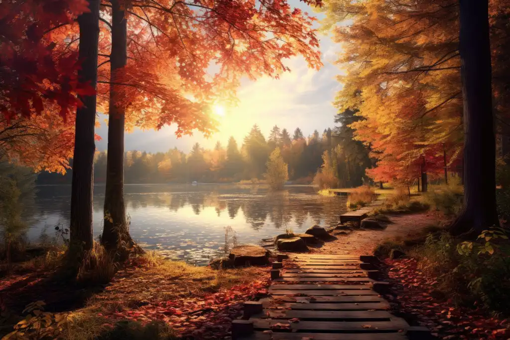 beautiful fall path by a pond free image