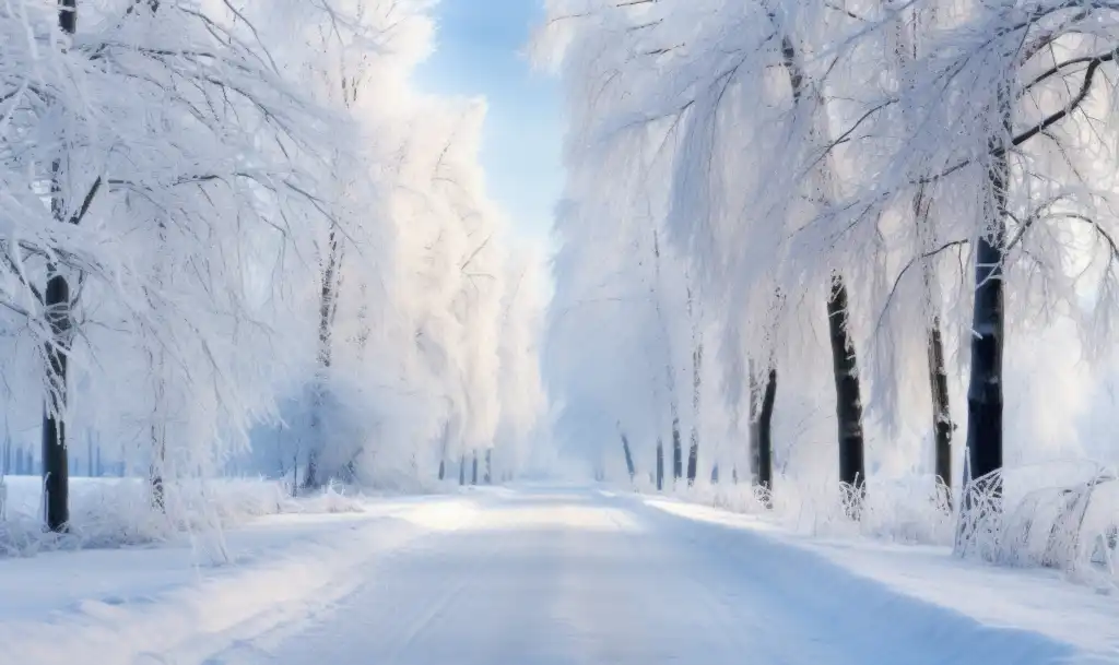 beautiful fully snow covered road with frozen trees free image