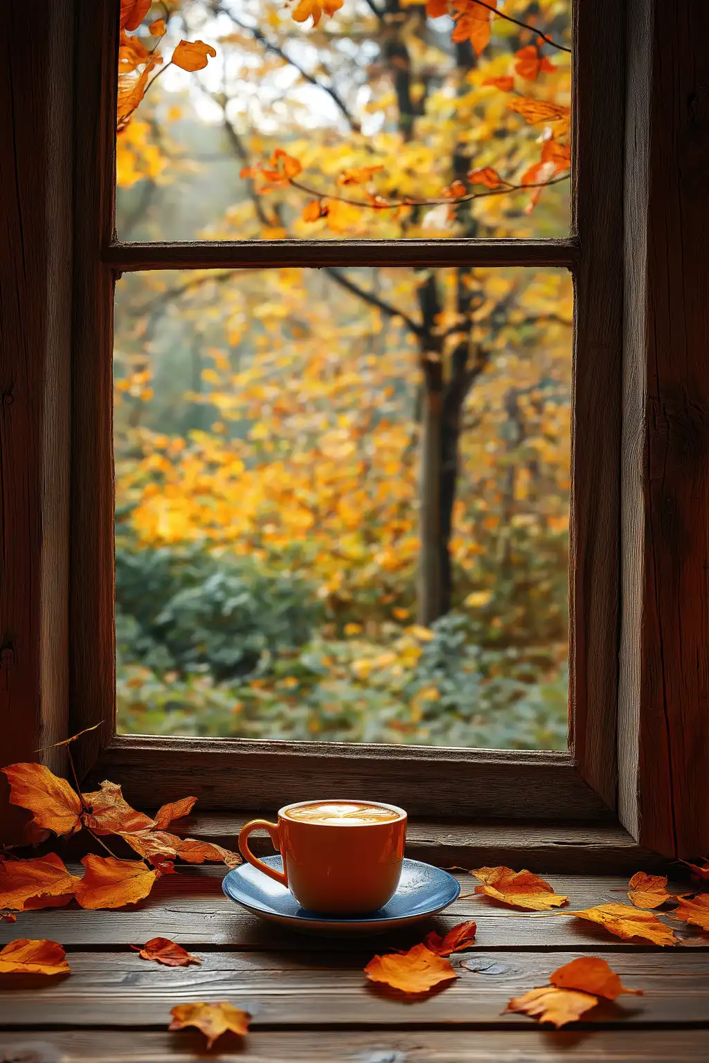 cup of coffee by the window with a view into the fall forest free image