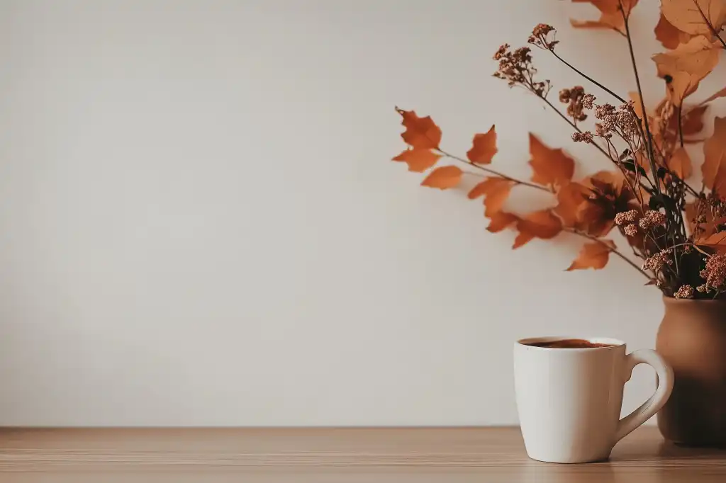 fall backgrounds still life with coffee and flower vase free image