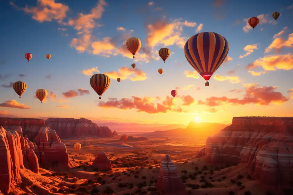 hot air balloons flying over canyon during the golden hour free photo