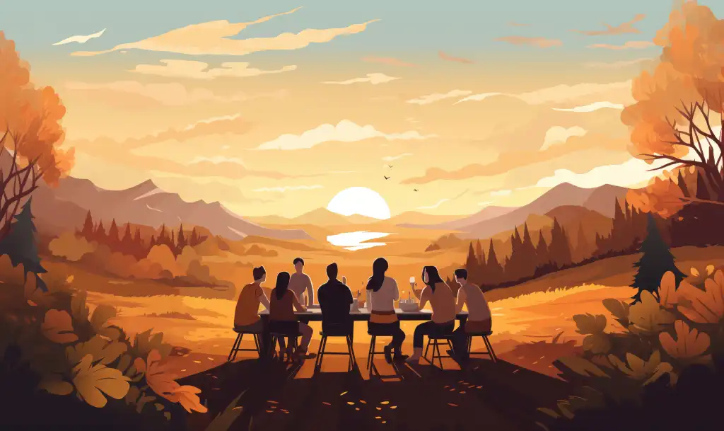 illustration of sunset at friendly thanksgiving dinner free image