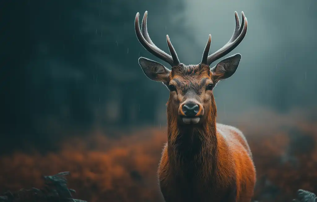 look of a deer in a rainy forest free image