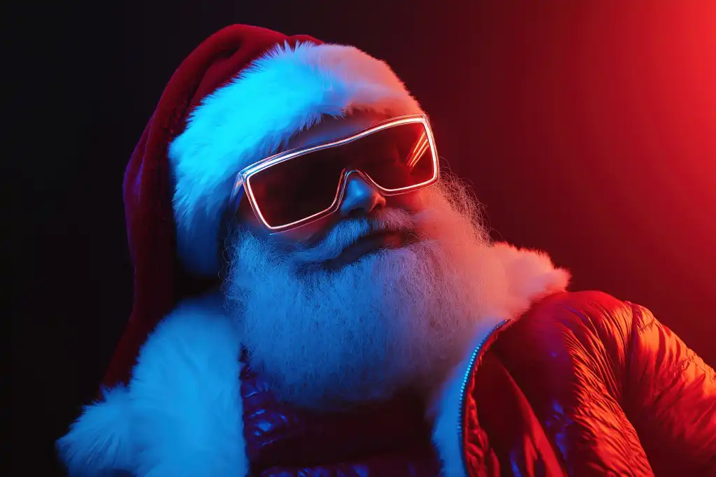 modern santa in high end glasses and puffer jacket free image