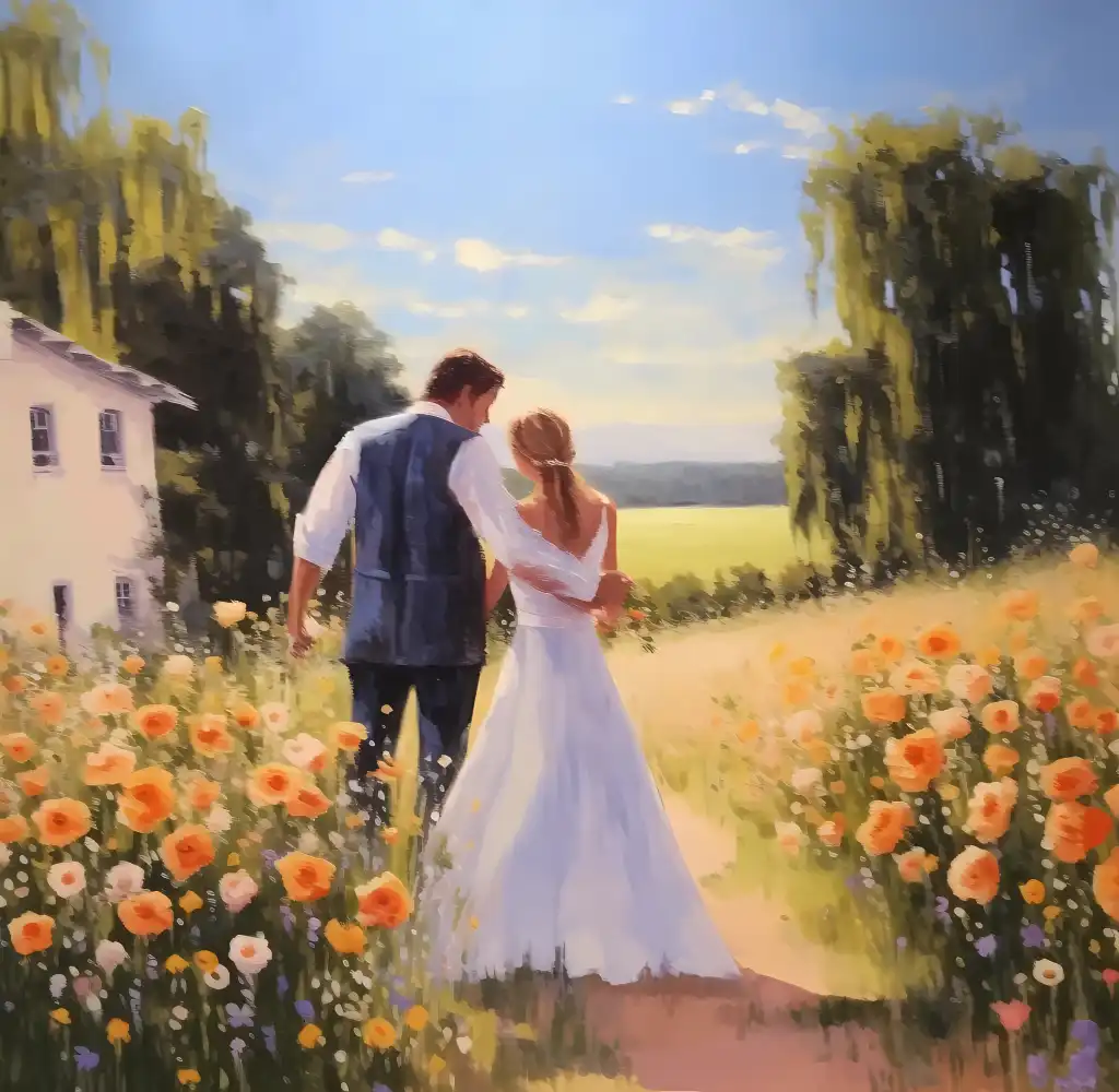 old oil painting of a wedding couple in the countryside free image