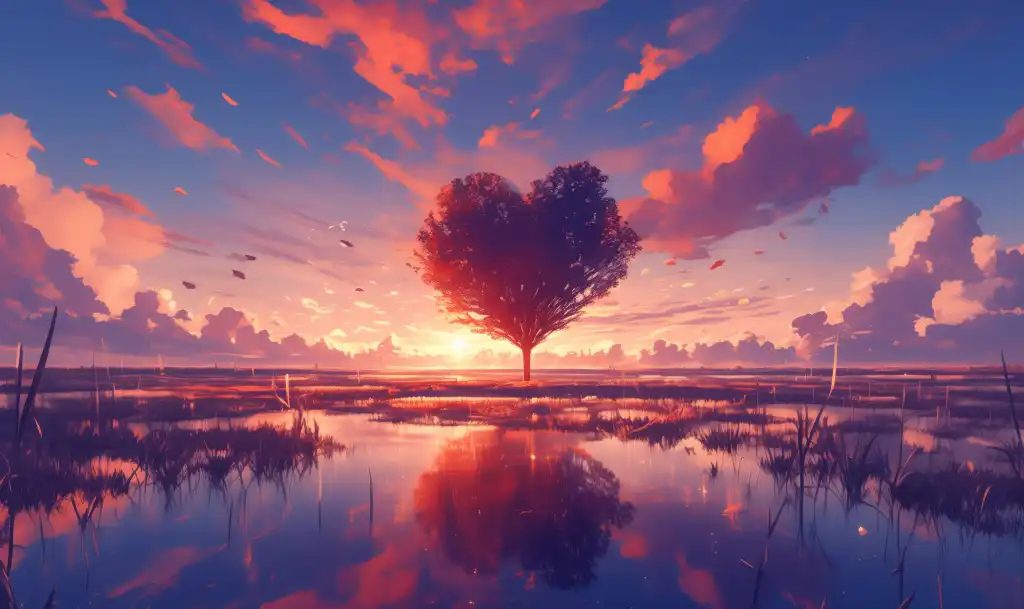 painted romantic scenery with heart shaped tree free image