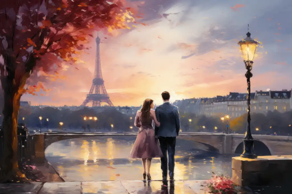 romantic painting of a couple in love in france under the eiffel tower in autumn free image