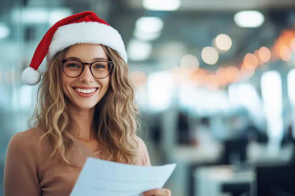 smiling office manager with christmas hat in office free image