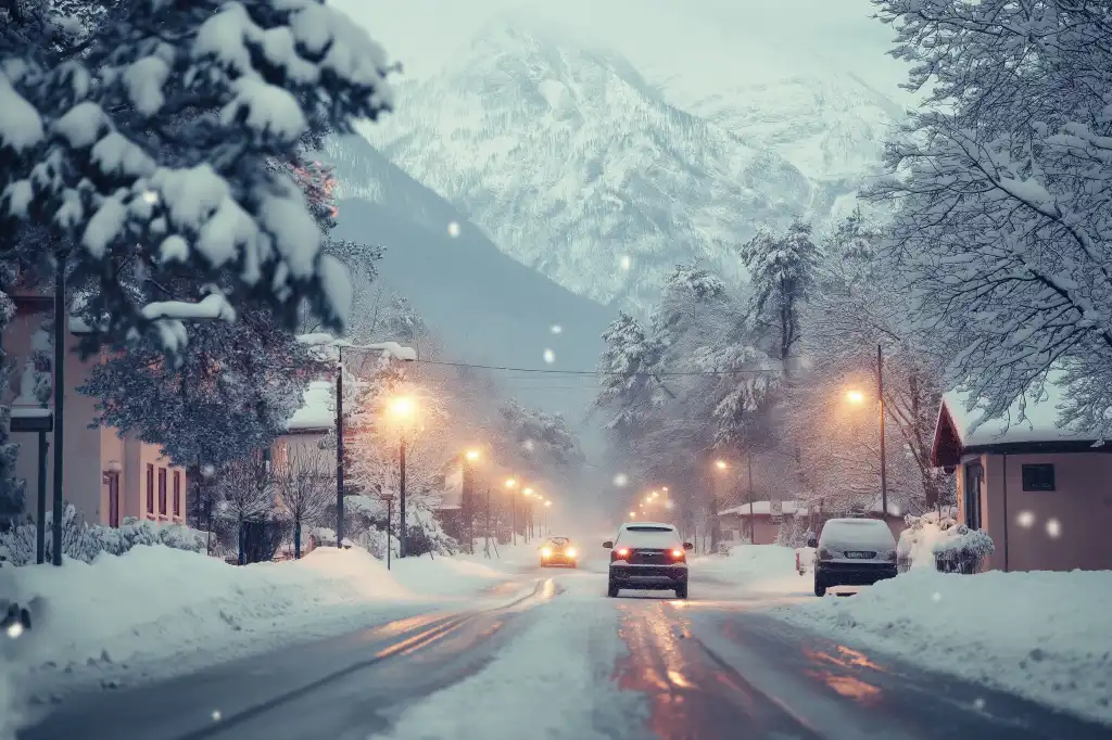 street of a mountain town covered in snow free image