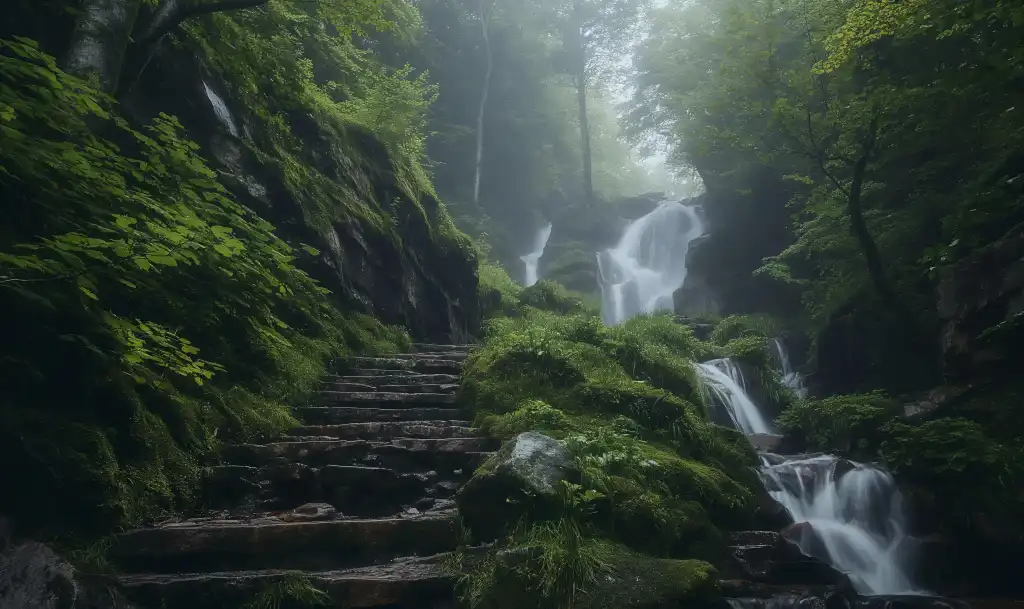 waterfalls in the middle of a misty forest free image