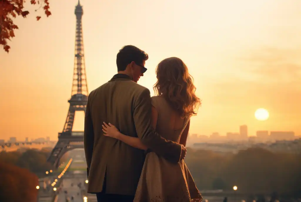 young couple in paris looking at eiffel tower free photo