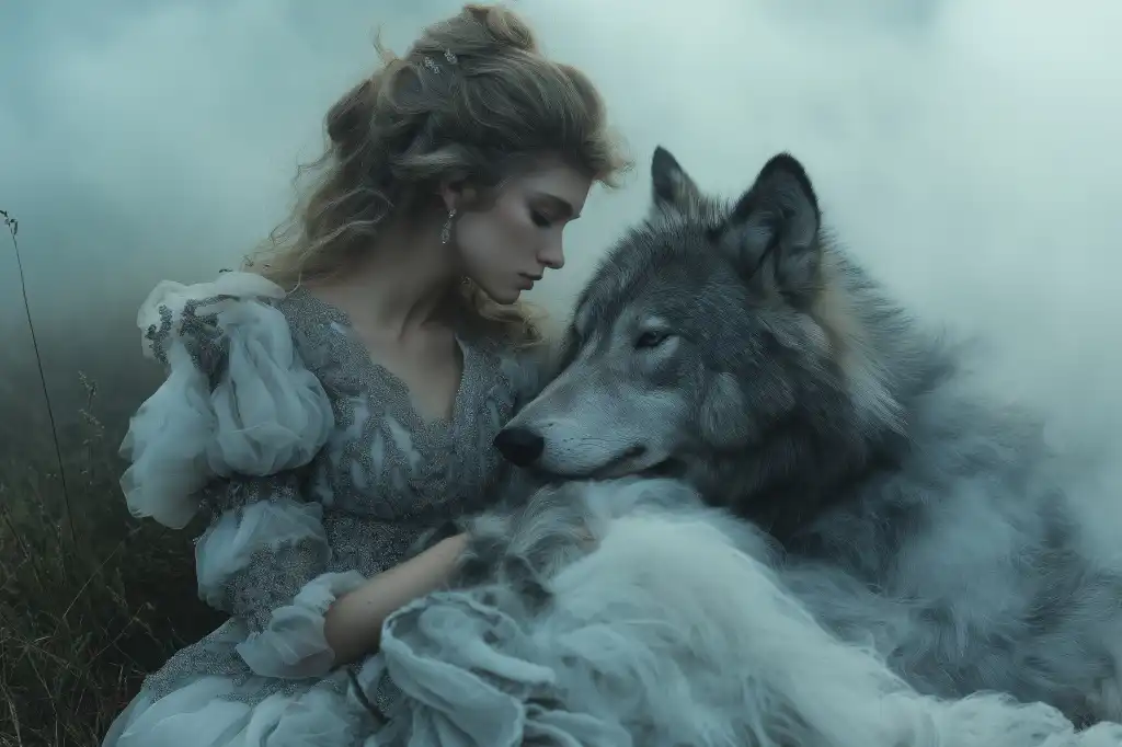 young woman in dress in artistic photo with wolf free image