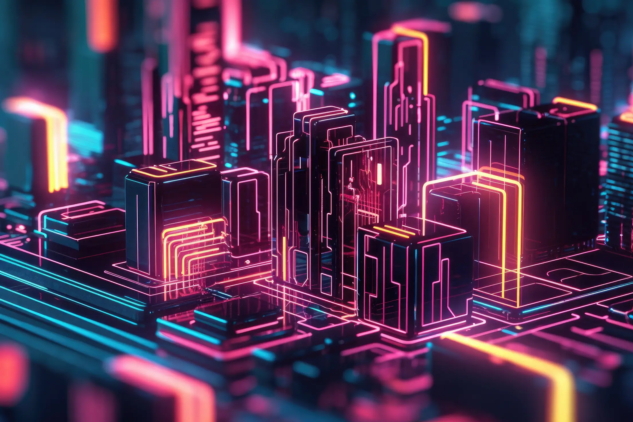 abstract neon visualization of a large city with skyscrapers free photo