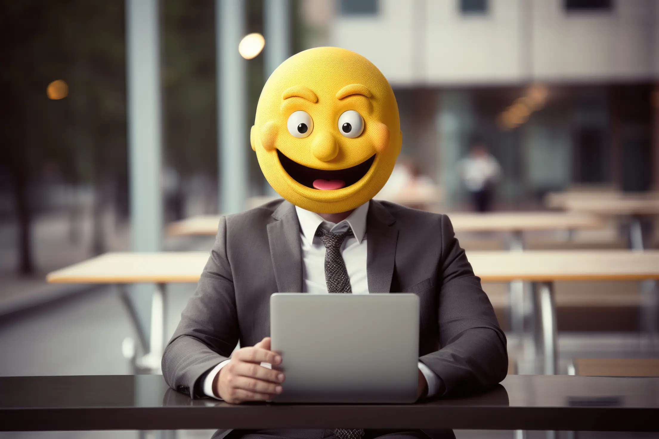 funny photo of a business man working on his laptop with emoji as his head free photo