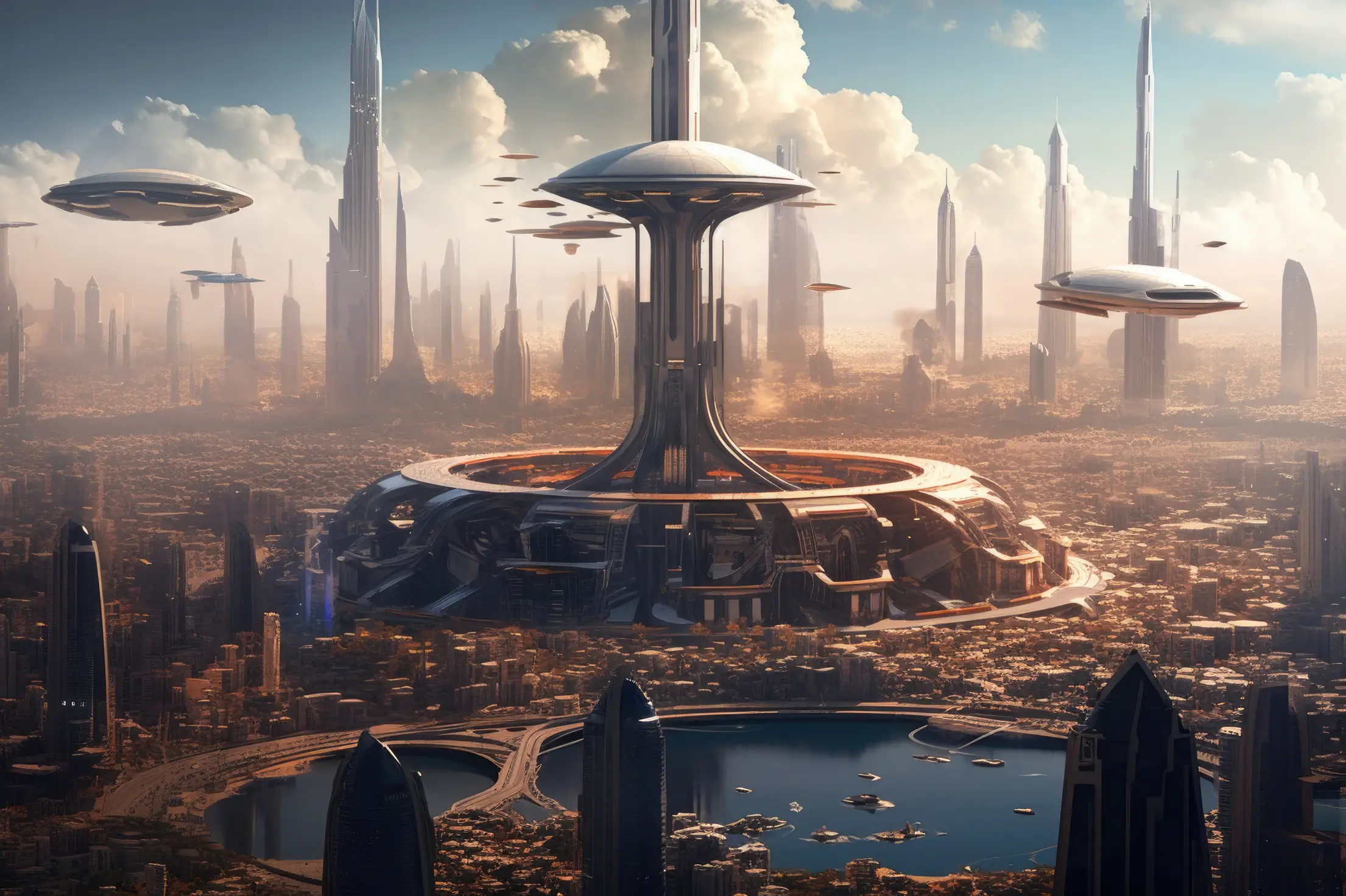 futuristic vision of dubai city with space elevator free photo