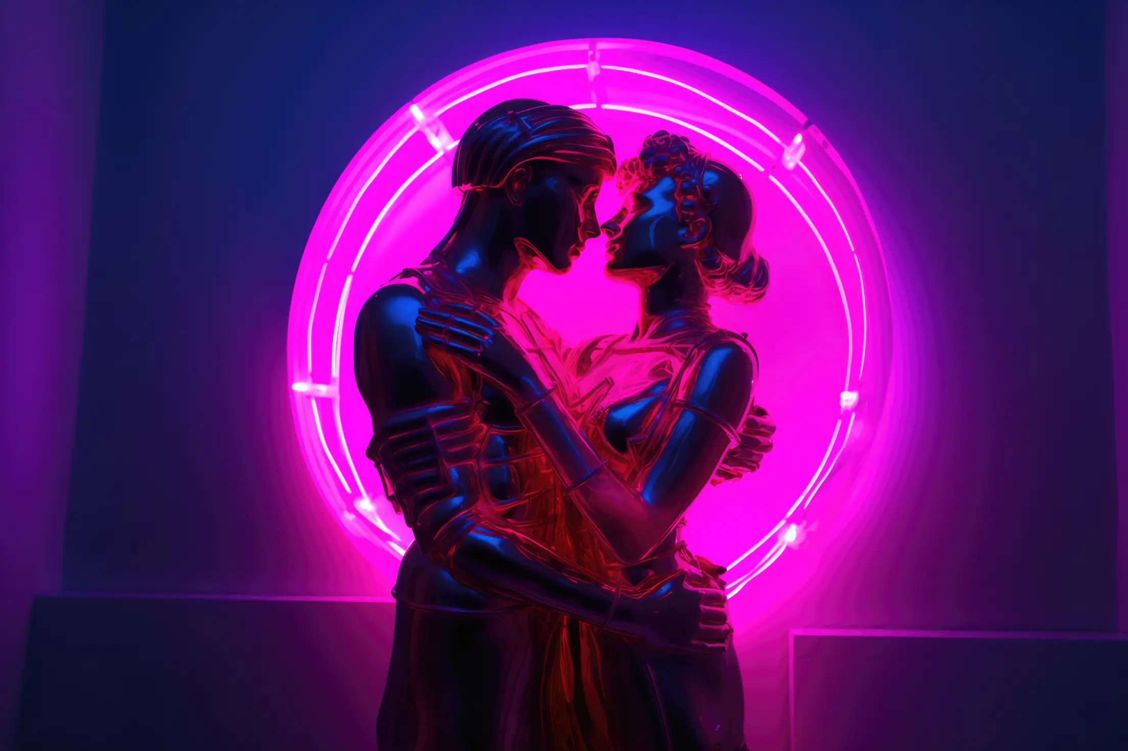 greek statues under modern neon light free photo