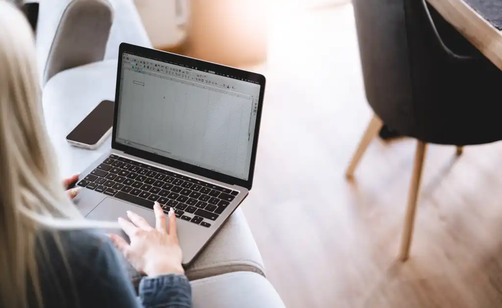 woman using spreadsheet on her laptop at home free photo