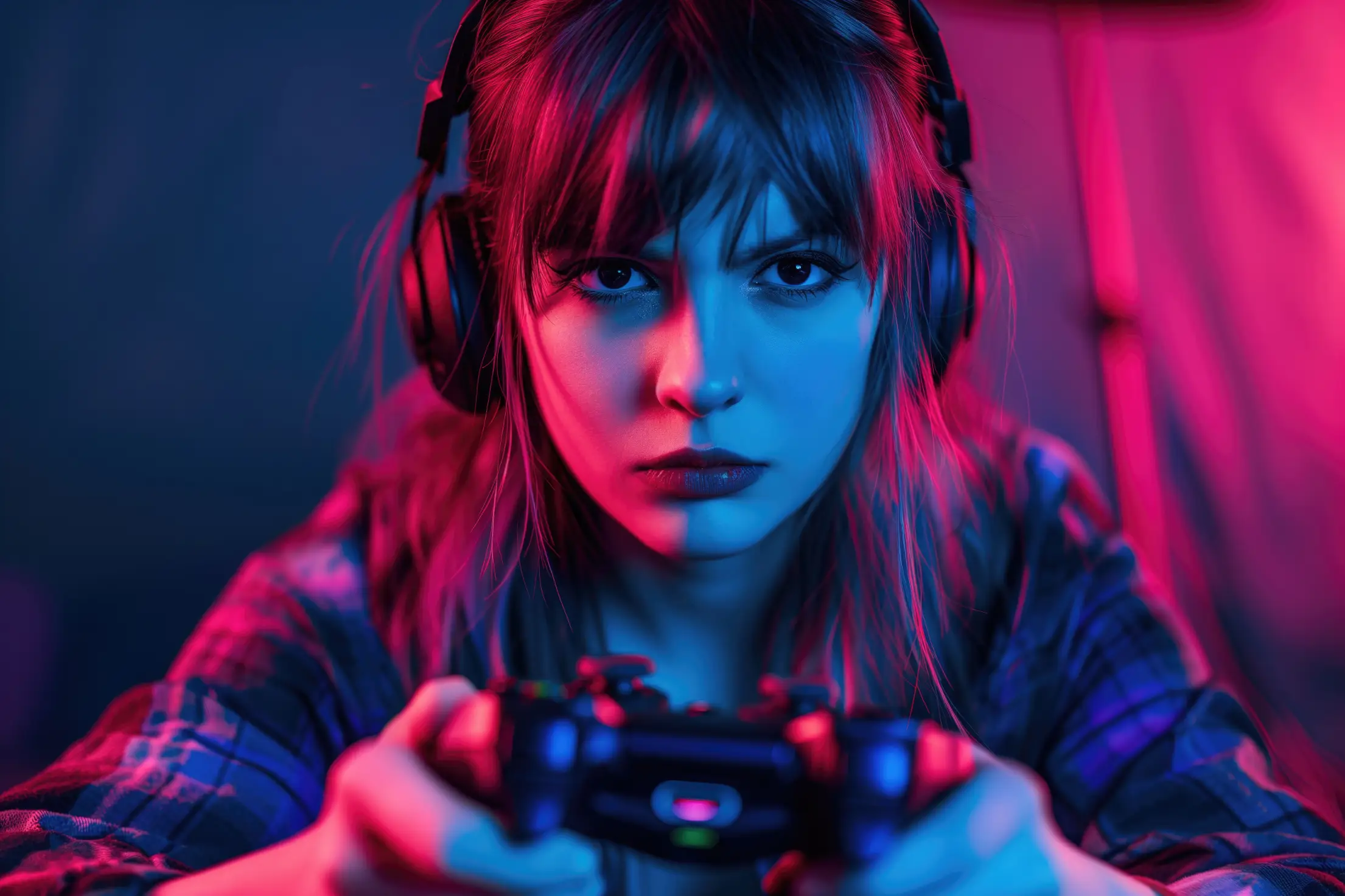 young gamer girl red and blue lights free photo