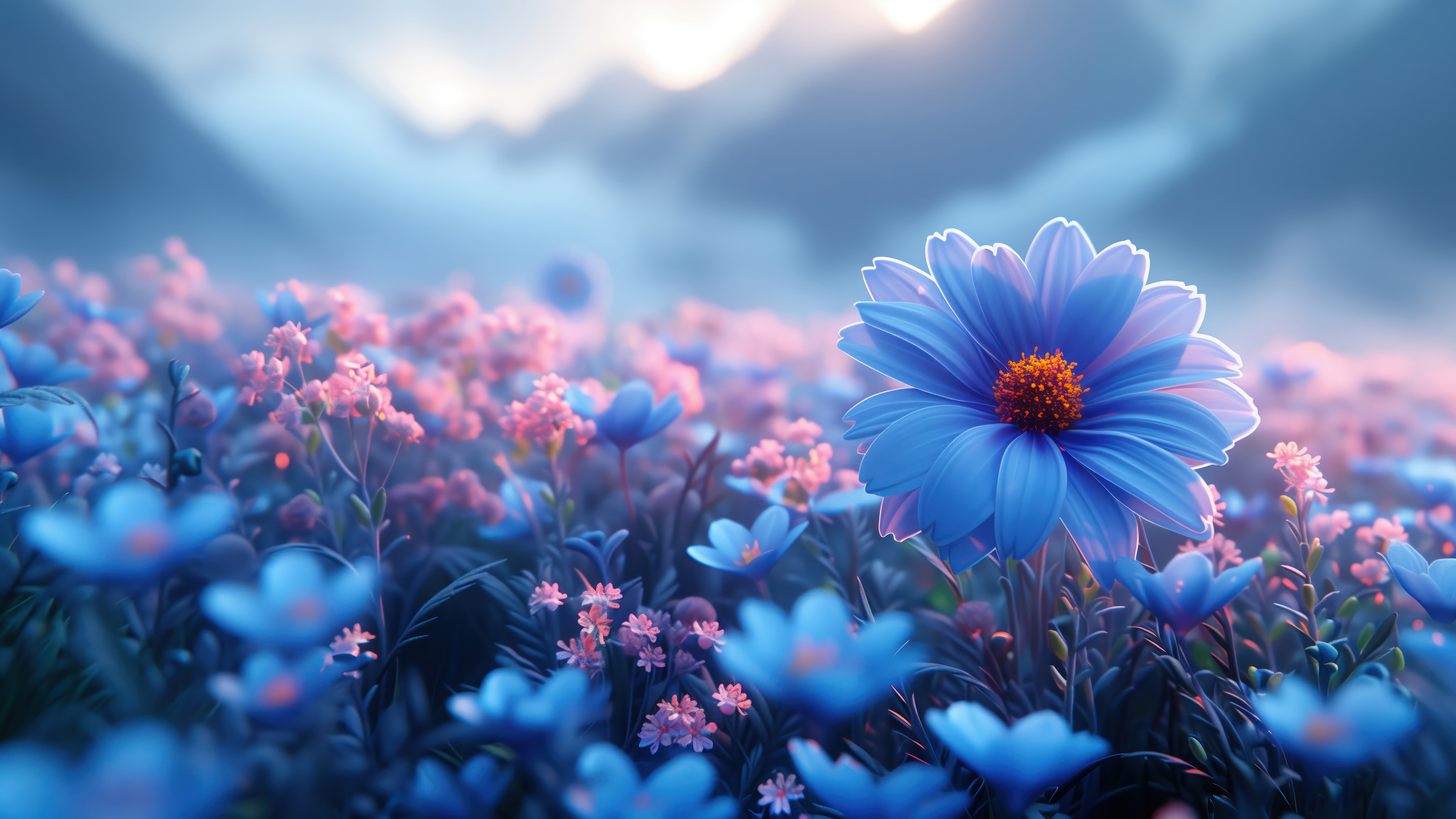 Blue flower field digital art 4k wallpaper