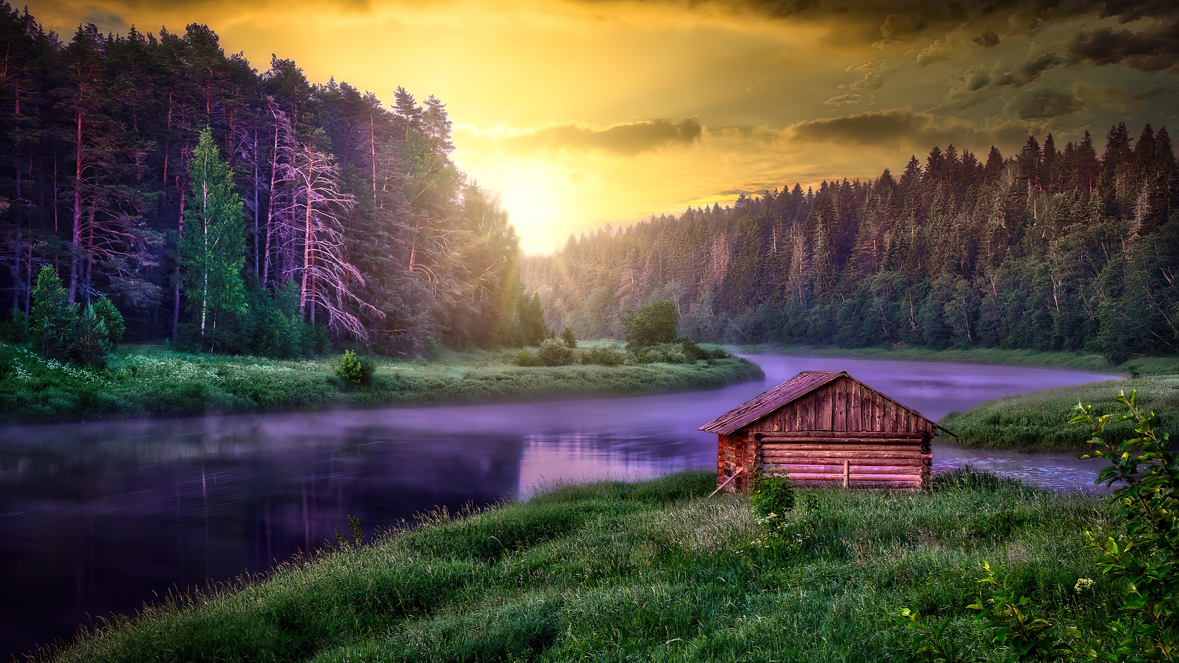 cabin river forest nature sunset scenery 4k wallpaper