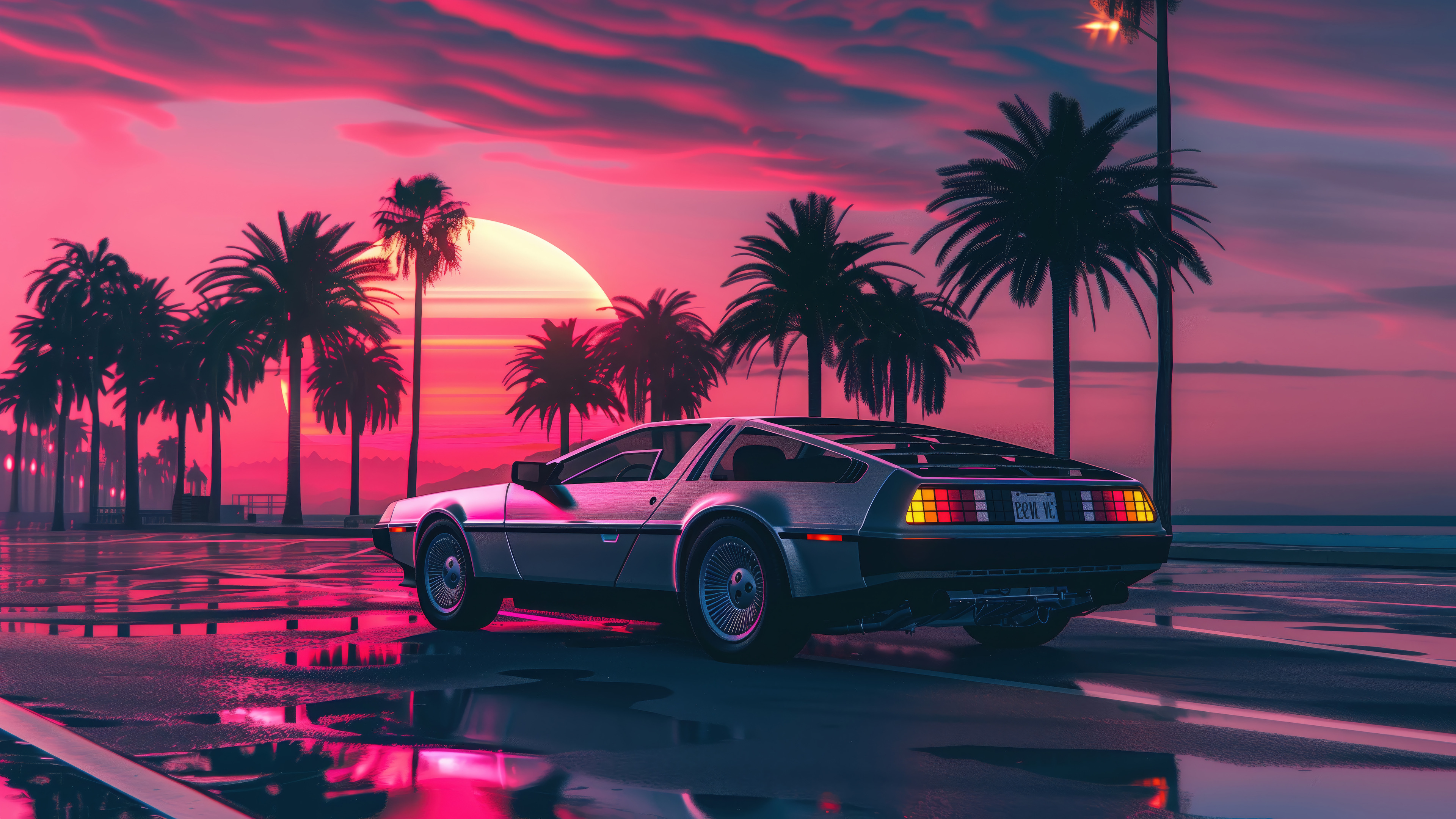 Sunset sports car road palm trees digital art 4k wallpaper